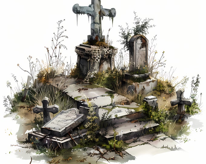 Cemetery Clipart, Abandoned Cemetery Images, 10 Watercolor Clip Art, Printable JPGs, Instant Download, Commercial Use, Paper craft