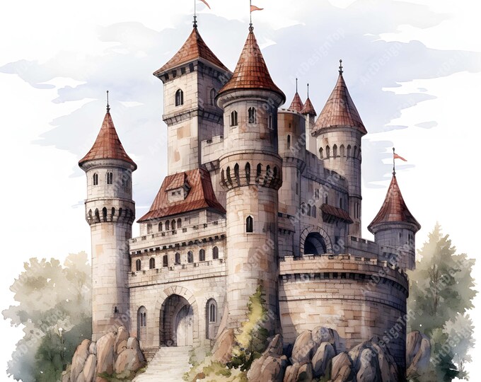 Medieval Castle Clipart, Stone Castles Images, 10 Watercolor Clip Art, Printable JPGs, Instant Download, Commercial Use, Paper craft