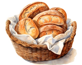 Clipart de pains rustiques, images de pains dans le panier, 10 images clipart aquarelle, fichiers JPG imprimables, téléchargement immédiat, usage commercial, créations en papier