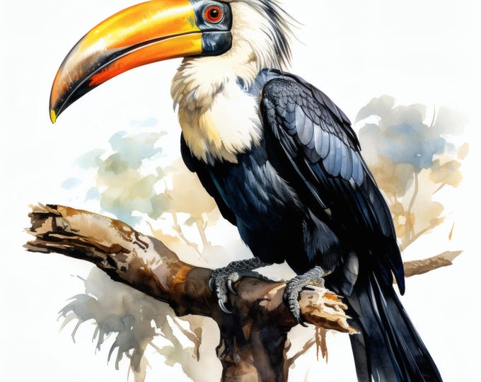 Hornbill Clipart, Tropical Bird Images, 10 Watercolor Clip Art, Printable JPGs, Instant Download, Commercial Use, Paper craft