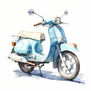 Watercolor Moped Clipart: Retro Scooter Art (JPGs, Commercial Use)