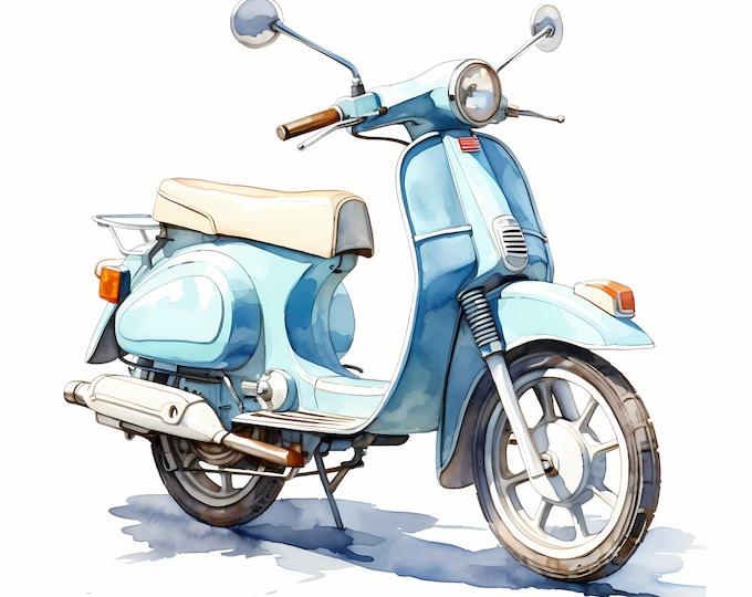 Moped Clipart, Retro Scooter Images, 10 Watercolor Clip Art, Printable JPGs, Instant Download, Commercial Use, Paper craft