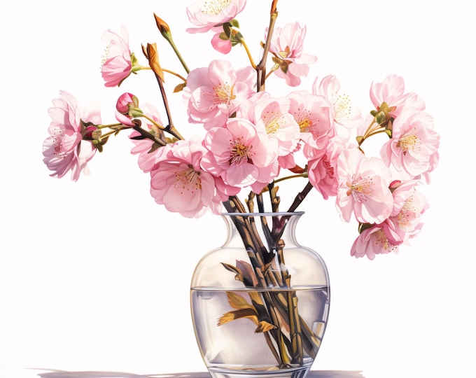 Cherry Blossom Vase Clipart, Sakura Flower Images, 10 Watercolor Clip Art, Printable JPGs, Instant Download, Commercial Use, Paper craft