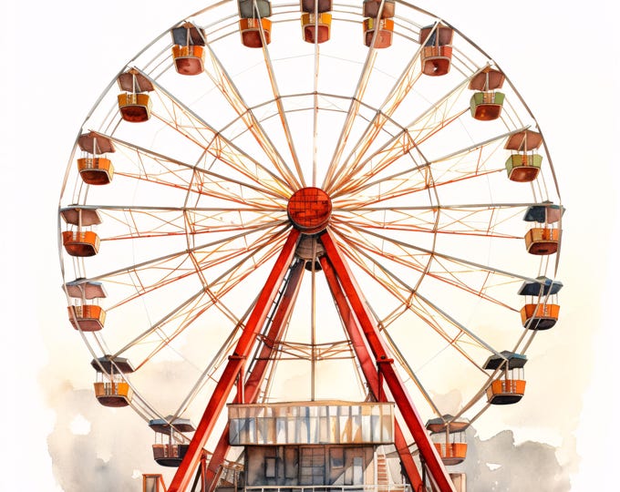 Ferris Wheel Clipart, Amusement Park Images, 10 Watercolor Clip Art, Printable JPGs, Instant Download, Commercial Use, Paper Craft