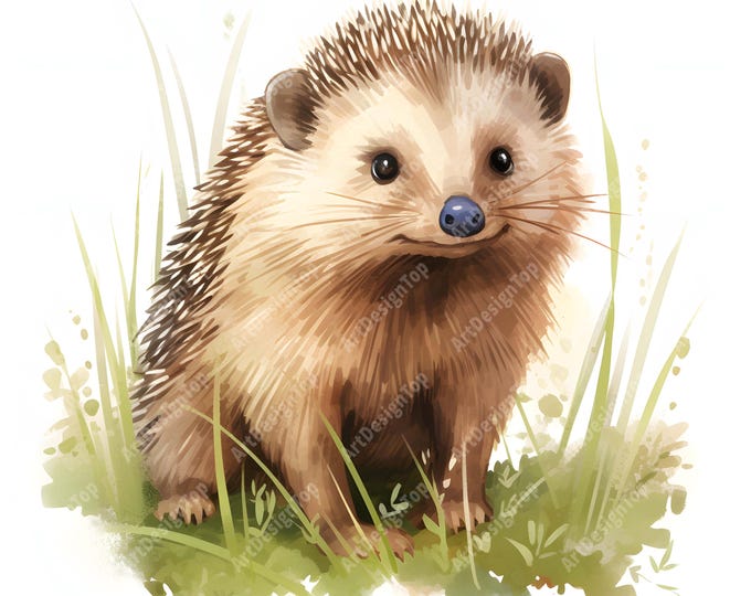 Hedgehog in Grass Clipart, Cute Hedgehog Images, 10 Watercolor Clip Art, Printable JPGs, Instant Download, Commercial Use, Paper craft