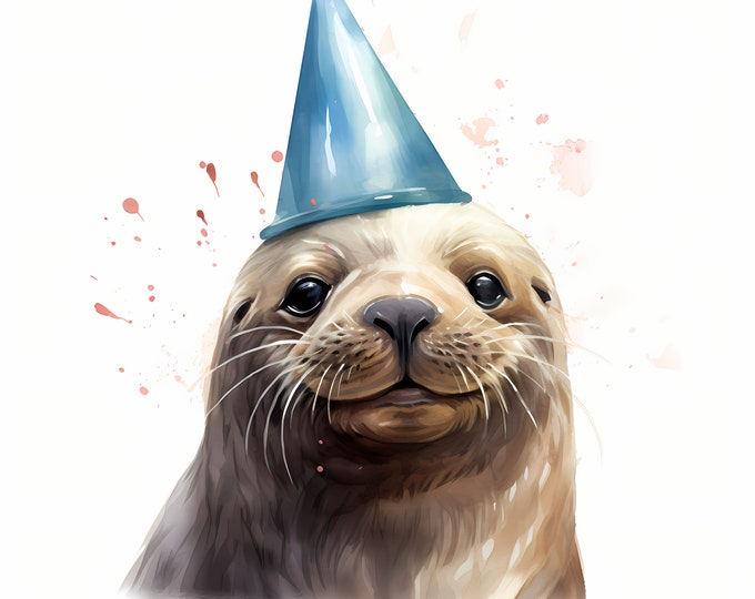 Funny Seal Clipart, Seal with Party Hat Images, 10 Watercolor Clip Art, Printable JPGs, Instant Download, Commercial Use, Paper craft
