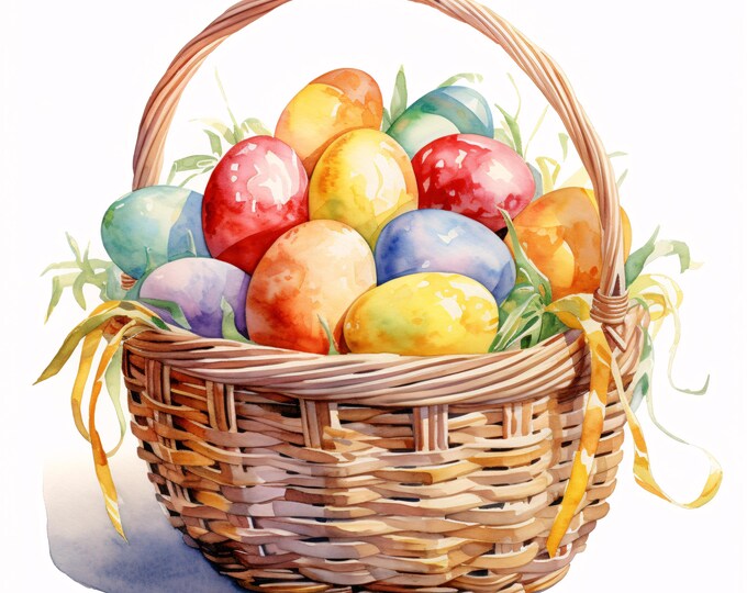 Easter Basket Clipart, Colorful Eggs Images, 10 Watercolor Clip Art, Printable JPGs, Instant Download, Commercial Use, Paper craft