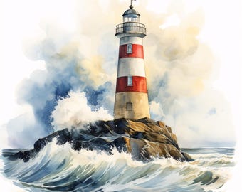 Lighthouse Clipart, Ocean Wave Images, 10 Watercolor Clip Art, Printable JPGs, Instant Download, Commercial Use, Paper craft
