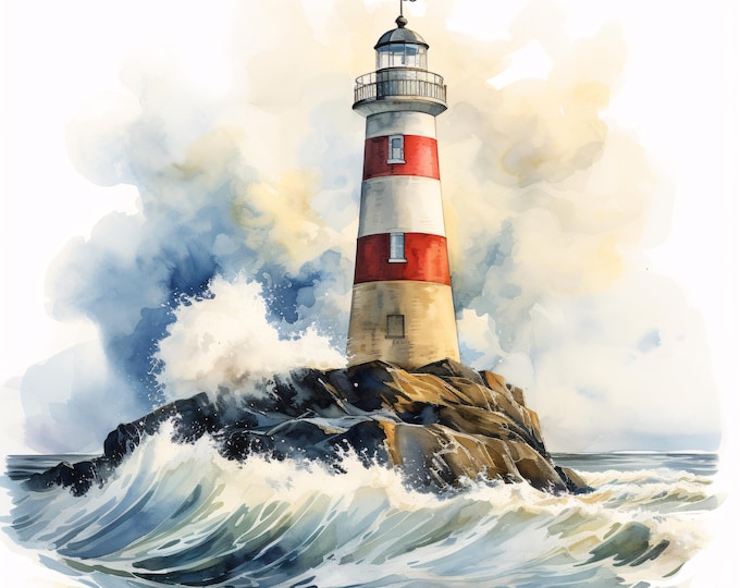 Lighthouse Clipart, Ocean Wave Images, 10 Watercolor Clip Art, Printable JPGs, Instant Download, Commercial Use, Paper craft