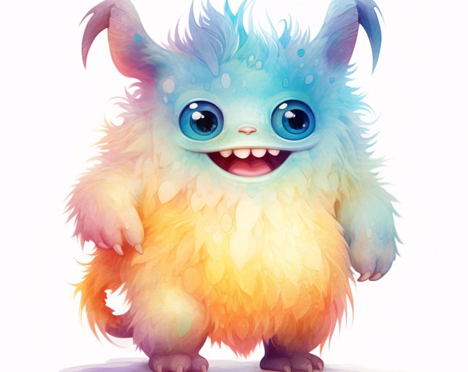 Cute Monster Clipart, Baby Creature Images, 10 Watercolor Clip Art, Printable JPGs, Instant Download, Commercial Use, Paper Craft