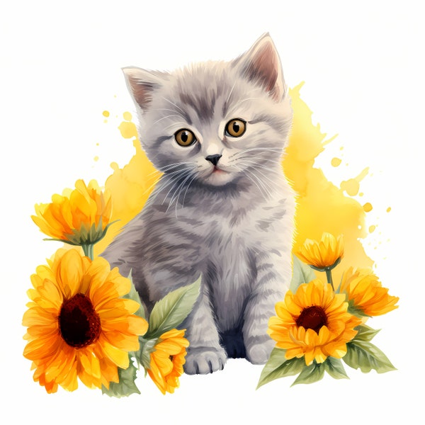 British Shorthair Kitten In Sunflower, British Shorthair Cat - Watercolor Clipart Set with 10 JPG Images - Instant Download, Commercial Use