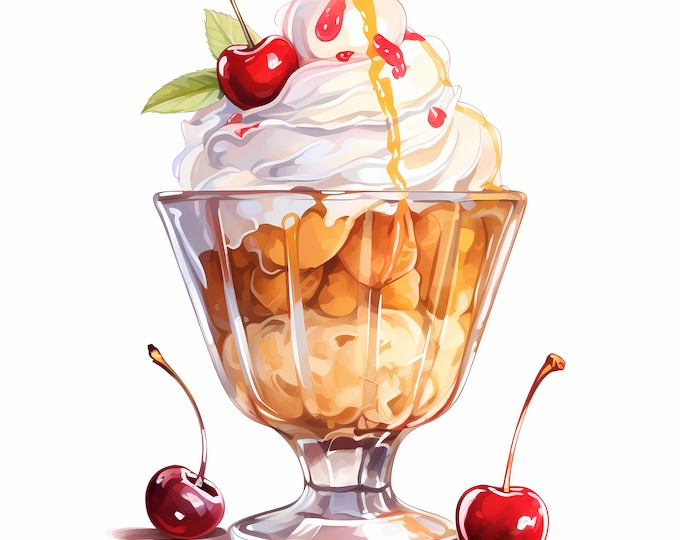 Ice Cream Clipart, Ice Cream Sundae Images, 10 Watercolor Clip Art, Printable JPGs, Instant Download, Commercial Use, Paper craft