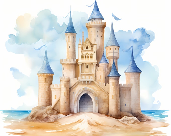 Sand Castle Clipart, Beach Sandcastle Images, 10 Watercolor Clip Art, Printable JPGs, Instant Download, Commercial Use, Paper craft