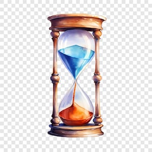 Puede incluir: Ilustración en acuarela de un reloj de arena con marco de madera. La cámara superior contiene líquido azul, mientras que la cámara inferior contiene líquido naranja. El reloj de arena es un símbolo del tiempo y la medición.
