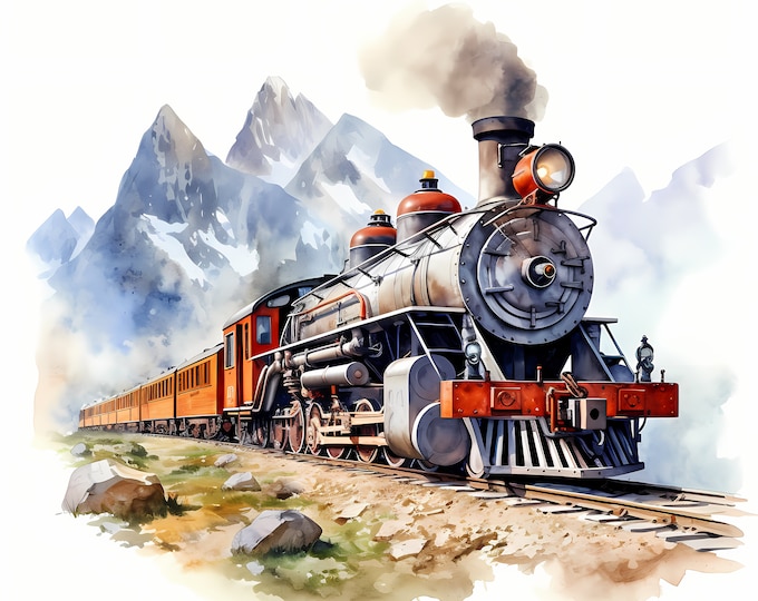 Old Locomotive Clipart, Antique Train Images, 10 Watercolor Clip Art, Printable JPGs, Instant Download, Commercial Use, Paper craft