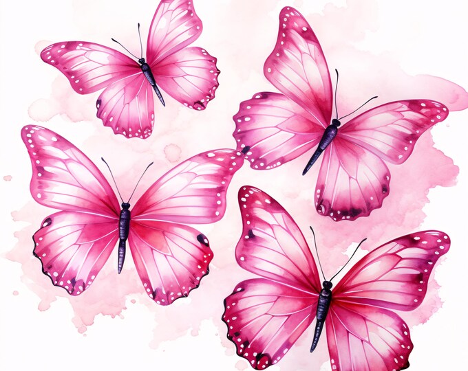 Pink Butterfly Clipart, Elegant Wings Images, 10 Watercolor Clip Art, Printable JPGs, Instant Download, Commercial Use, Paper craft
