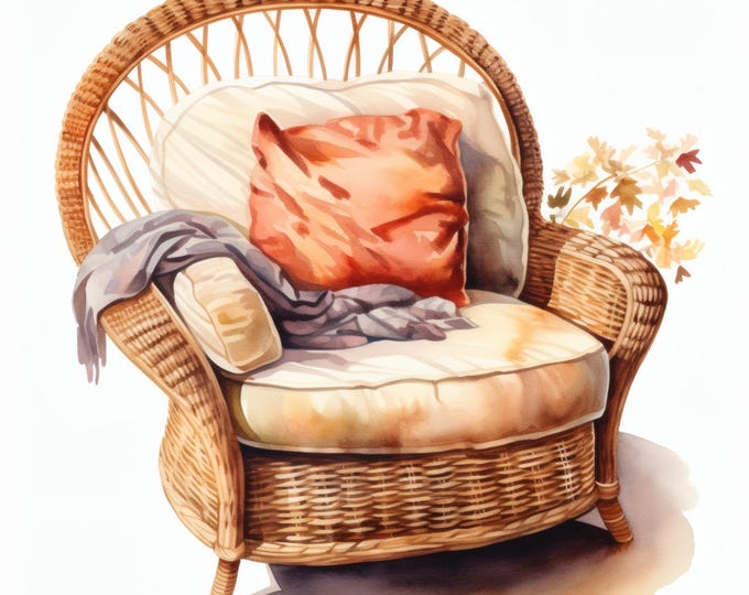 Cozy Chair Clipart, Autumn Reading Nook Images, 10 Watercolor Clip Art, Printable JPGs, Instant Download, Commercial Use, Paper craft