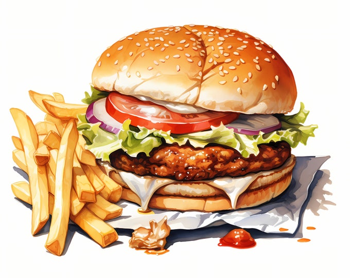 Burgers and Fries Clipart, Fast Food Images, 10 Watercolor Clip Art, Printable JPGs, Instant Download, Commercial Use, Paper craft