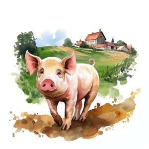 Imágenes de cerdos, imágenes de lechones de granja, 12 imágenes prediseñadas de acuarela, archivos JPG imprimibles, descarga instantánea, uso comercial, manualidades de papel