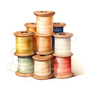 Könnte beinhalten: Eine Sammlung von acht Garnrollen in verschiedenen Farben, darunter Beige, Gelb, Blau, Weiß und Rosa. Die Rollen sind pyramidenförmig gestapelt, wobei die größte Rolle unten und die kleinste oben liegt.