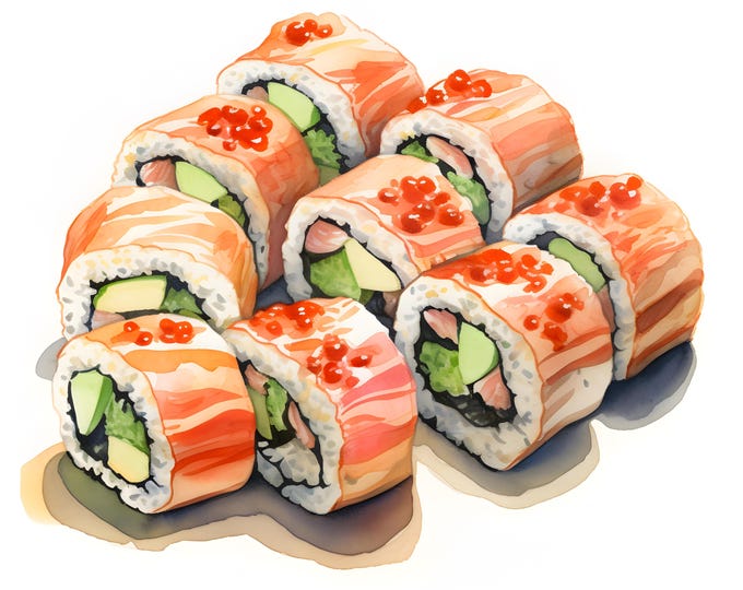 Sushi Set Clipart, Sushi Rolls Images, 10 Watercolor Clip Art, Printable JPGs, Instant Download, Commercial Use, Paper craft