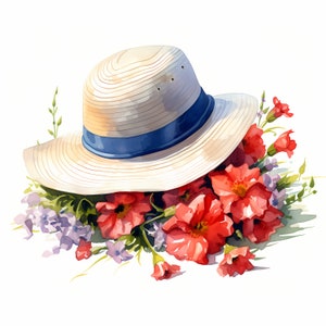 Zomerhoed clipart, hoed met bloemen afbeeldingen, 10 aquarel illustraties, afdrukbare JPG's, Instant Download, Commercieel gebruik, Papercraft