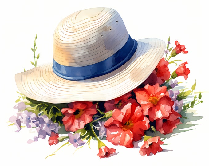 Summer Hat Clipart, Hat with Flowers Images, 10 Watercolor Clip Art, Printable JPGs, Instant Download, Commercial Use, Paper craft