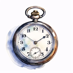 Pocket Watch Clipart, Vintage Clock Images, 10 Watercolor Clip Art, Printable JPGs, Instant Download, Commercial Use, Paper craft
