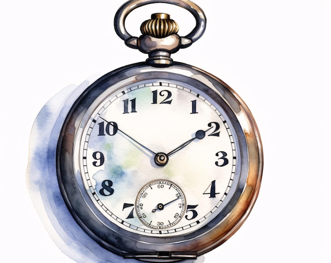 Watercolor Pocket Watch Clipart: Vintage Clock Illustrations (JPG Instant Download, Commercial Use)