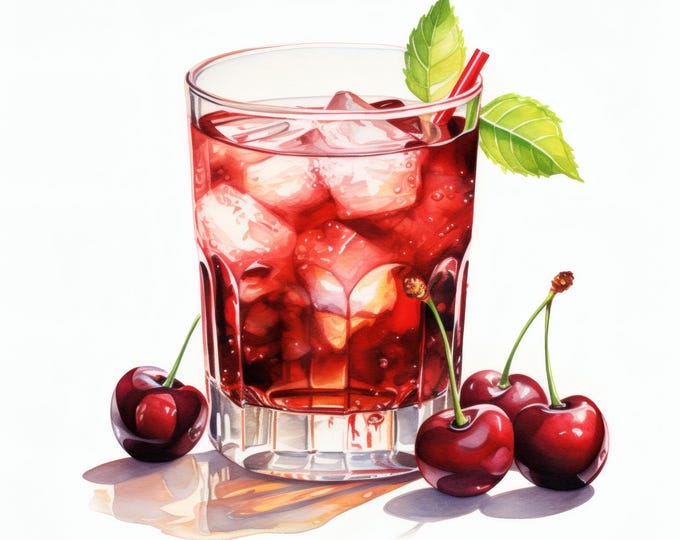 Cherry Cocktail Clipart, Summer Drink Images, 10 Watercolor Clip Art, Printable JPGs, Instant Download, Commercial Use, Paper craft