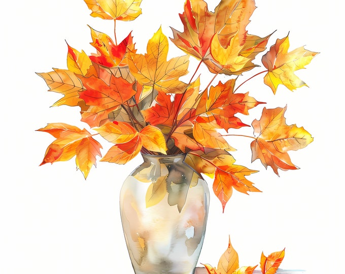 Autumn Leaves Clipart, Fall Leaves in Vase Images, 10 Watercolor Clip Art, Printable JPGs, Instant Download, Commercial Use, Paper craft