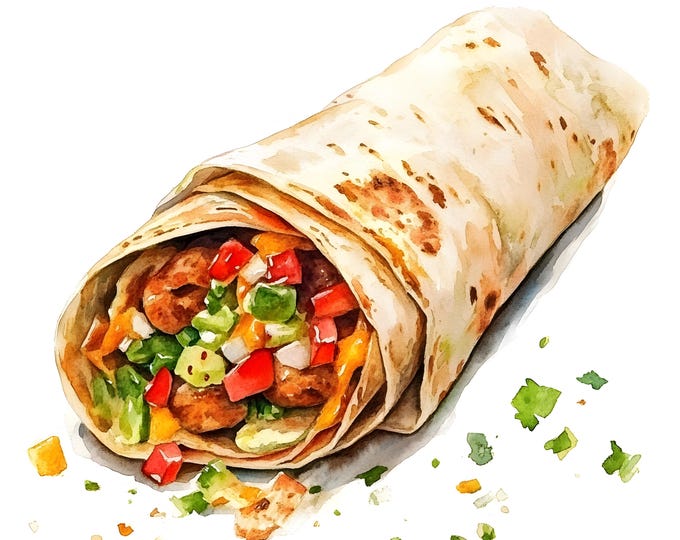 Burrito Clipart, Mexican Food Images, 10 Watercolor Clip Art, Printable JPGs, Instant Download, Commercial Use, Paper craft