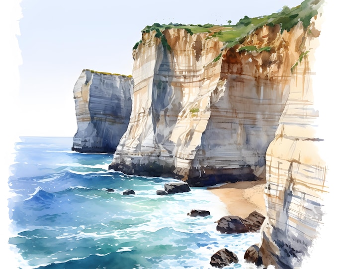Portuguese Cliffs Clipart, Coast Cliffs Images, 10 Watercolor Clip Art, Printable JPGs, Instant Download, Commercial Use, Paper craft