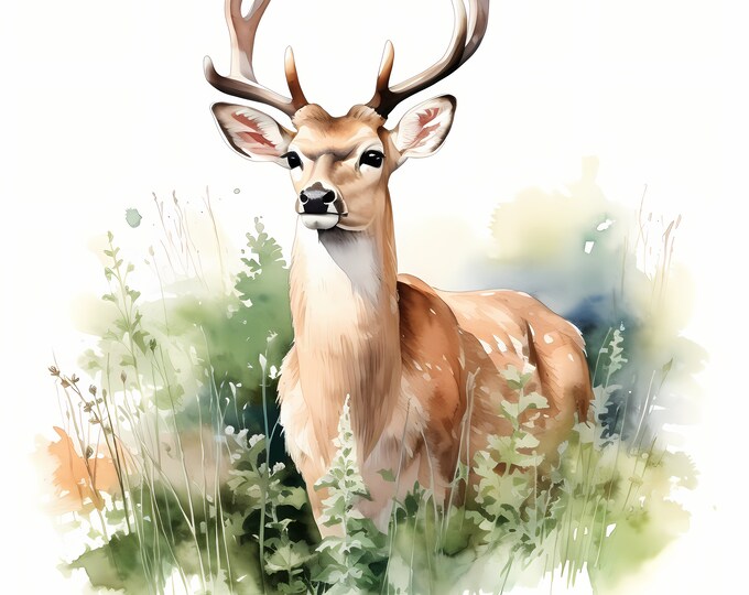 Deer in Meadow Clipart, Forest Deer Images, 10 Watercolor Clip Art, Printable JPGs, Instant Download, Commercial Use, Paper craft