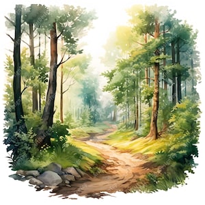 Watercolor Forest Trail Clipart: Hiking Landscape JPGs (Commercial Use)