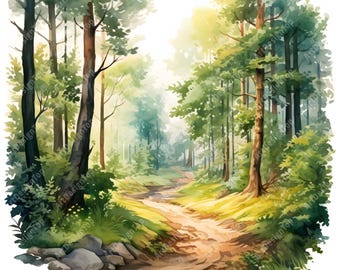 Forest Trail Clipart, Hiking Landscape Images, 10 Watercolor Clip Art, Printable JPGs, Instant Download, Commercial Use, Paper craft