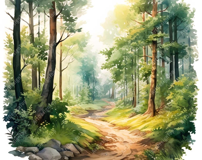 Forest Trail Clipart, Hiking Landscape Images, 10 Watercolor Clip Art, Printable JPGs, Instant Download, Commercial Use, Paper craft