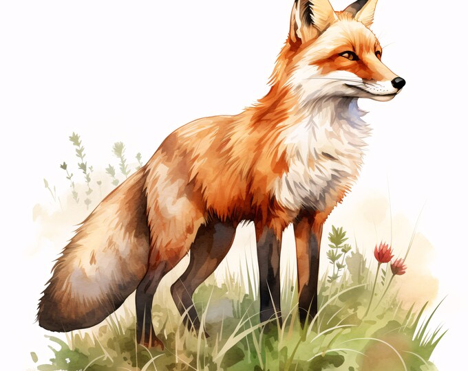 Fox in Meadow Clipart, Fox in Wildflowers Images, 10 Watercolor Clip Art, Printable JPGs, Instant Download, Commercial Use, Paper craft