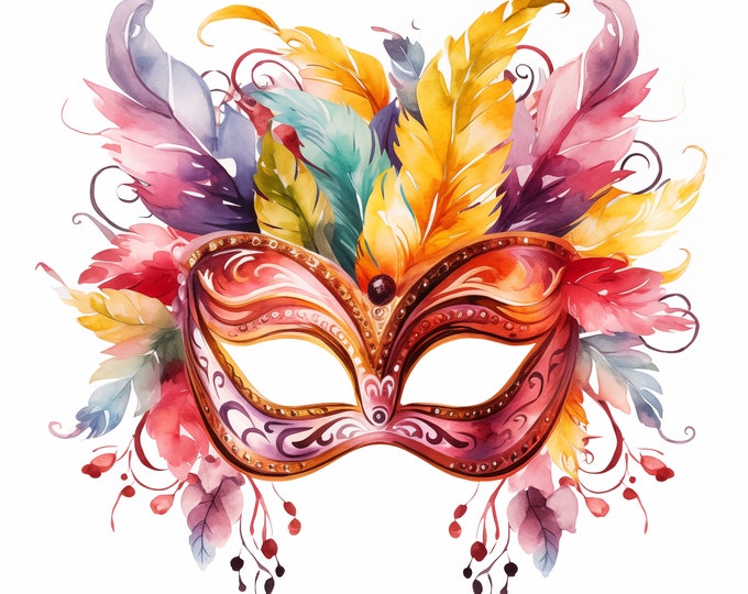 Carnival Mask Clipart, Venice Masks Images, 10 Watercolor Clip Art, Printable JPGs, Instant Download, Commercial Use, Paper craft