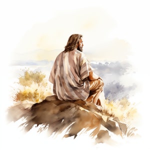Jezus op de heuvel clipart, Jezus Christus afbeeldingen, 10 aquarel illustraties, afdrukbare JPG's, Instant Download, Commercieel gebruik, Papercraft