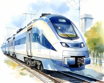 May include: A white and blue high-speed train with a yellow stripe on the side is traveling on a set of train tracks. The train is in a watercolor style.
