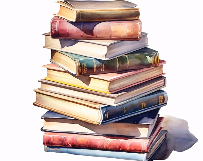 Books Stack Clipart, Vintage Book Pile Images, 10 Watercolor Clip Art, Printable JPGs, Instant Download, Commercial Use, Paper Craft