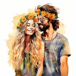 Hippie Paar Clipart, romantisches Paar Bilder, 10 Aquarell Clip Art, druckbare JPGs, Sofort Download, kommerzielle Nutzung, Papiermodell