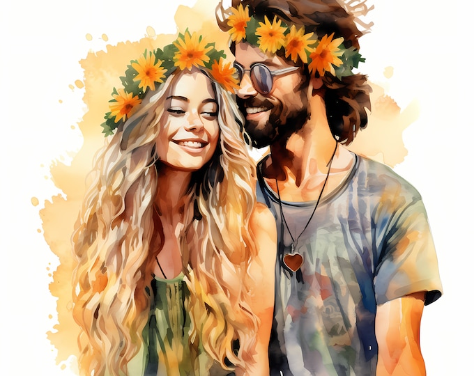 Hippie Couple Clipart, Romantic Couple Images, 10 Watercolor Clip Art, Printable JPGs, Instant Download, Commercial Use, Paper craft