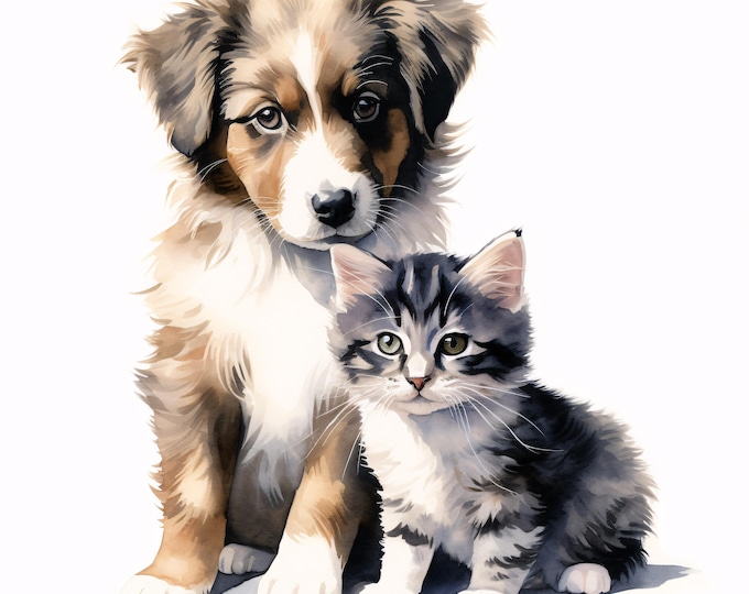 Puppy and Kitten Clipart, Cute Pet Images, 10 Watercolor Clip Art, Printable JPGs, Instant Download, Commercial Use, Paper craft