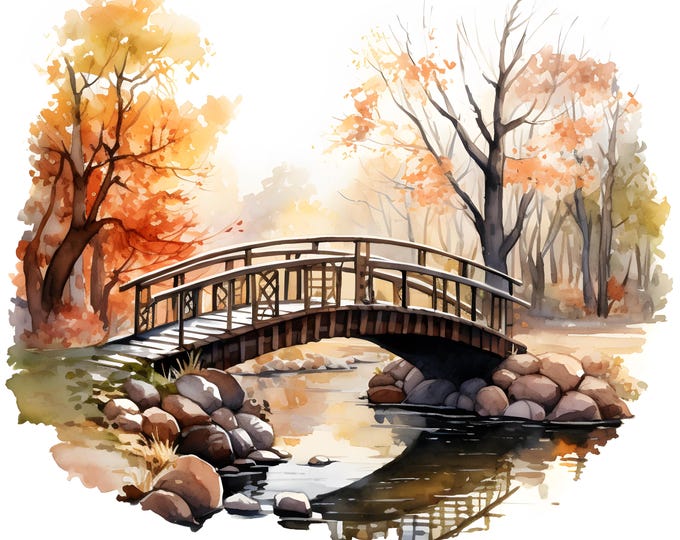 Autumn Bridge Clipart, Bridge In Autumn Images, 10 Watercolor Clip Art, Printable JPGs, Instant Download, Commercial Use, Paper craft