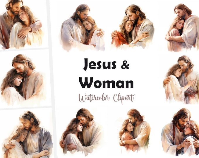 Jesus Christ Clipart, Jesus Hugging a Woman Images, 10 Watercolor Clip Art, Printable JPGs, Instant Download, Commercial Use, Paper craft