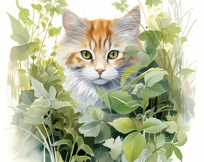 Cat in Plants Clipart, Cute Kitten, Garden Cat Images, 10 Watercolor Clip Art, Printable JPGs, Instant Download, Commercial Use, Paper craft
