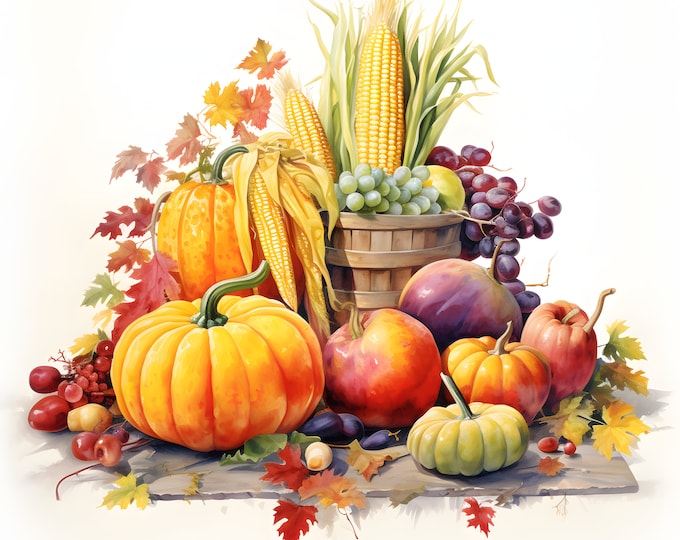 Autumn Harvest Clipart, Fall Vegetables Images, 10 Watercolor Clip Art, Printable JPGs, Instant Download, Commercial Use, Paper craft