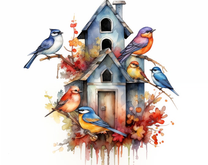 Birdhouse Clipart, Bird House Images, 10 Watercolor Clip Art, Printable JPGs, Instant Download, Commercial Use, Paper craft